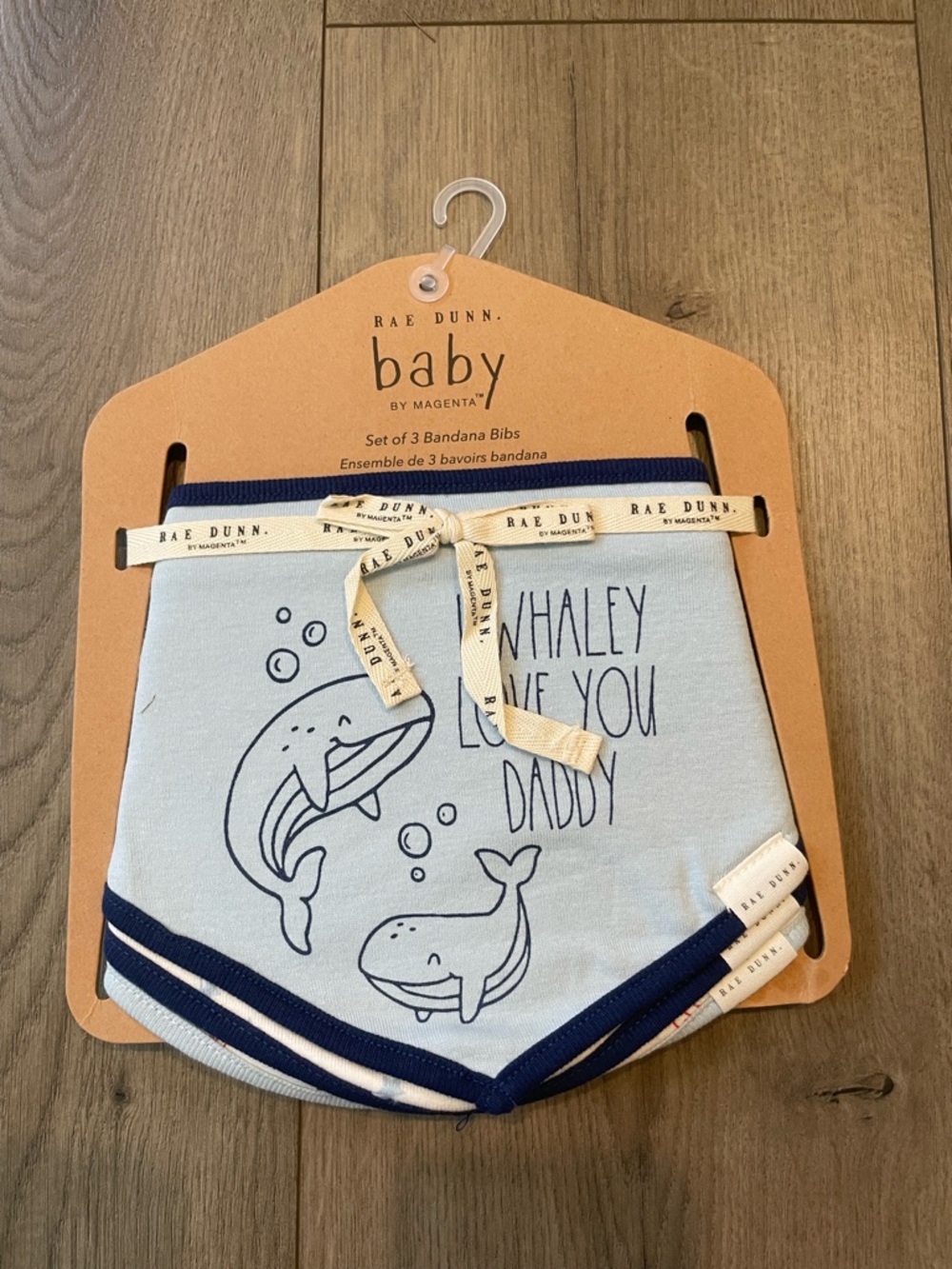 Rae Dunn Baby Light Blue Whale Bandana Bibs with Navy Trim - Set of 3